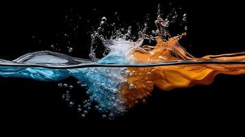 Two orange and blue water droplets are splashing into the water photo
