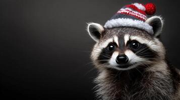 A raccoon wearing a christmas hat photo