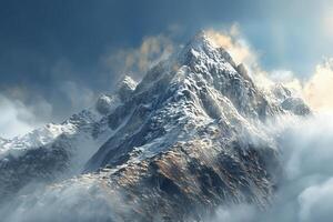 A mountain is shown in the clouds with a sun shining photo