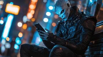 A man in a mask sitting on a bench with his phone photo