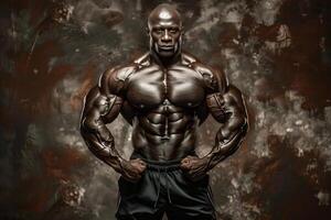 A muscular man stands in front of a wall with a blurry background photo