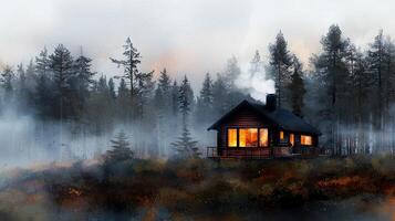 A painting of a cabin in the woods photo