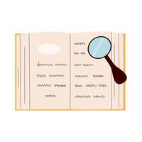 Open book with magnifying glass for reading. World book day. Education concept. Simple funny clipart isolated on white background. Book festival. vector