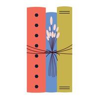 Stack of books tied with a cord with a herbarium. World Book Day. Education concept. Simple funny clipart isolated on a white background. Book festival. vector