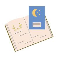 Open book with notebook. World book day. Education concept. Simple funny clipart isolated on white background. Book festival. vector