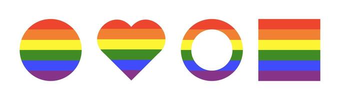 Rainbow flat flag. Gay pride simple frames. Progress Logo symbols pattern. LGBT icons minimal mockup. Set of stickers in rainbow colors. Round, heart, square badge, button. Template for design. vector