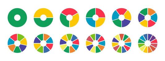 Donut charts, pies segmented on from 1 to 12 equal parts. Set of diagrams infographic multicoloured. Circle section graph icons. Pizza chart round layout. Wheel divided in sections. Loading bar mockup vector
