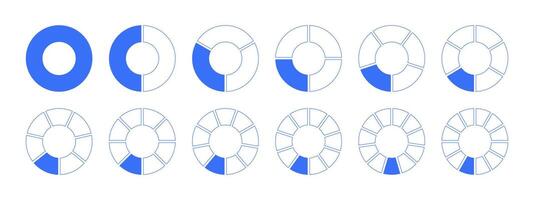 Circles divided diagram from 1 to 12 equal parts icons. Graph pie, pizza shape section charts. Coaching blank templates. Set of segments wheel round divide infographic design elements. vector