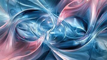Dynamic swirls of blue and pink form an intricate, abstract composition. The visual captures fluid shapes interwoven, evoking a sense of movement and energy photo