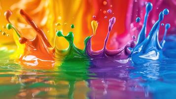 Vibrant splashes of multicolored paint rise from a calm surface, reflecting shades of a rainbow, creating a dynamic and artistic display of color and motion photo