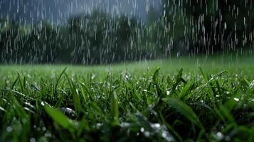 Rain falling on grass in the middle of the night photo