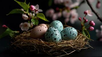 A nest of eggs with a few pink flowers in the background photo