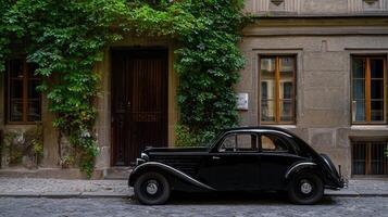 A vintage black car is parked along a narrow cobblestone street next to a historic building adorned with lush green vines, showcasing classic architecture and urban charm photo
