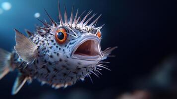 A fish with a mouth wide open and red eyes photo