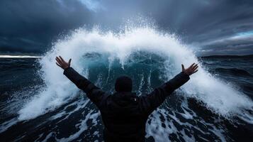 A man standing in front of a wave with his hands up photo