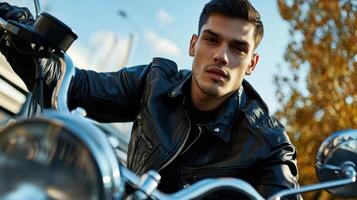 A man in a leather jacket riding a motorcycle photo