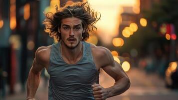 A man running in the street at sunset photo
