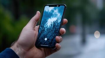 A person holding an iphone with a dark sky in the background photo