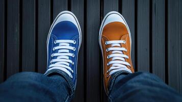 Two pairs of shoes with orange and blue laces photo