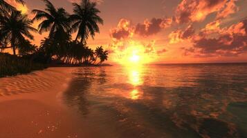A tropical beach scene with palm trees and the sun setting photo