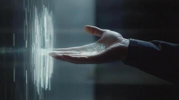 A hand reaches out towards a glowing holographic display, surrounded by darkness, demonstrating advanced technology and human interaction with digital interfaces photo