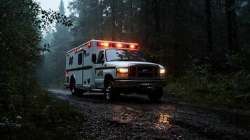 A white ambulance is driving down a wet road photo