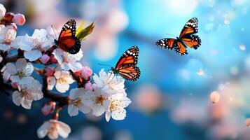 Two butterflies are flying over a tree with pink flowers photo