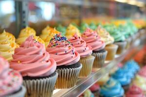 A row of colorful cupcakes with sprinkles on top photo
