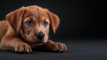 A brown puppy laying down on a black background photo