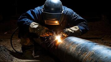 A man welding on a pipe in the dark photo