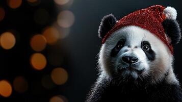 A panda bear wearing a red Santa hat photo