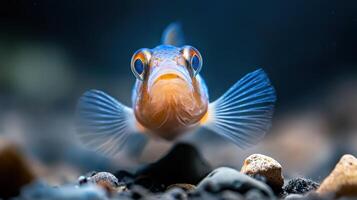 A fish with blue and orange fins on a rock photo
