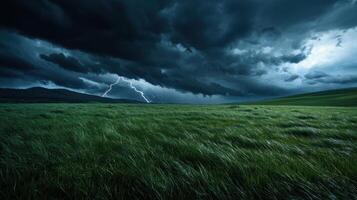 A stormy sky over a grassy field with lightning photo
