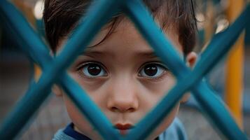 A young boy looks through a fence photo