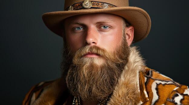 A man with a beard and hat wearing a leopard print jacket photo