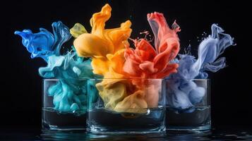 Three glasses of water with colorful smoke coming out of them photo