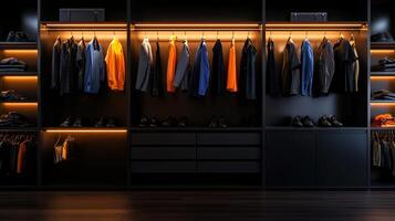 A black closet with clothes hanging on the racks photo