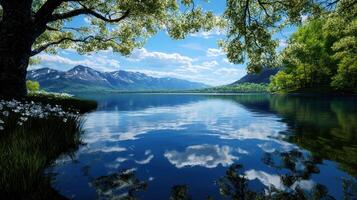 A lake with trees and flowers on the shore photo