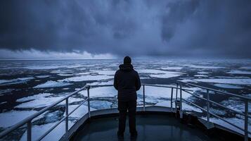 A man standing on the deck of a ship looking at ice floes photo
