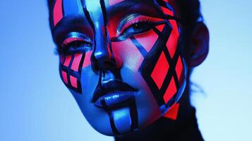 A woman with a bright face paint and a blue and red face photo