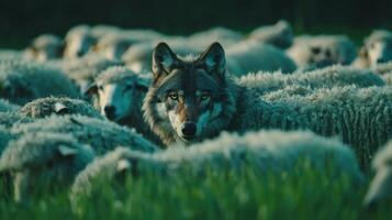 Wolf in the sheep flock photo