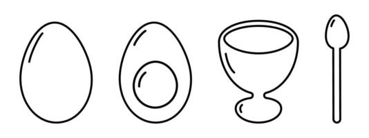 Whole and half boiled egg, egg cup and spoon Minimalist linear icon Egg Day or Breakfast Set element. Isolated illustration Thematic cards or web promo banner, leaflets, print materials or tags vector