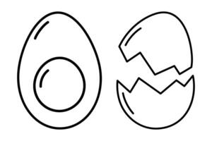 Outline Half boiled egg and yolk and Cracked eggshell Linear Icon Sticker logo idea Minimalism Set 2. Isolated illustration Thematic cards or web promo banner, leaflets, print materials or tags vector