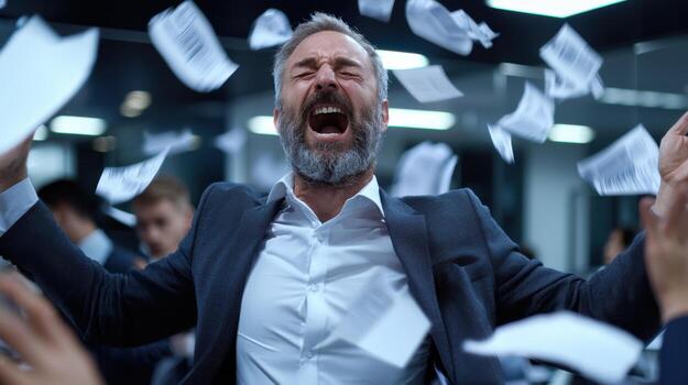 A man in a suit is throwing papers in the air photo