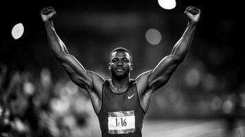 A black and white photo of a man with his arms raised