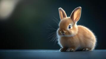 A small brown rabbit is sitting on a dark background photo