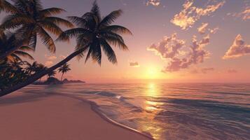 A tropical beach scene with palm trees and the sun setting photo