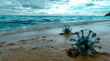 Two small, metallic objects are on the beach, one of which is a virus photo