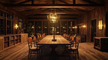 A long table in a room with wooden walls and ceiling photo