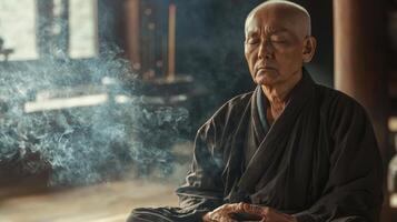 An old man in a monk robe sitting in a room with smoke coming out of his mouth photo
